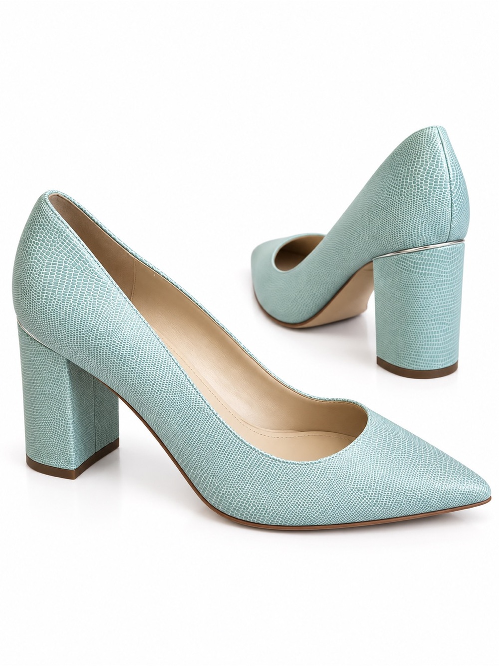 MARC FISHER Viviene BLOCK HEEL POINTY TOE pumps light blue leather sleek 9.5M